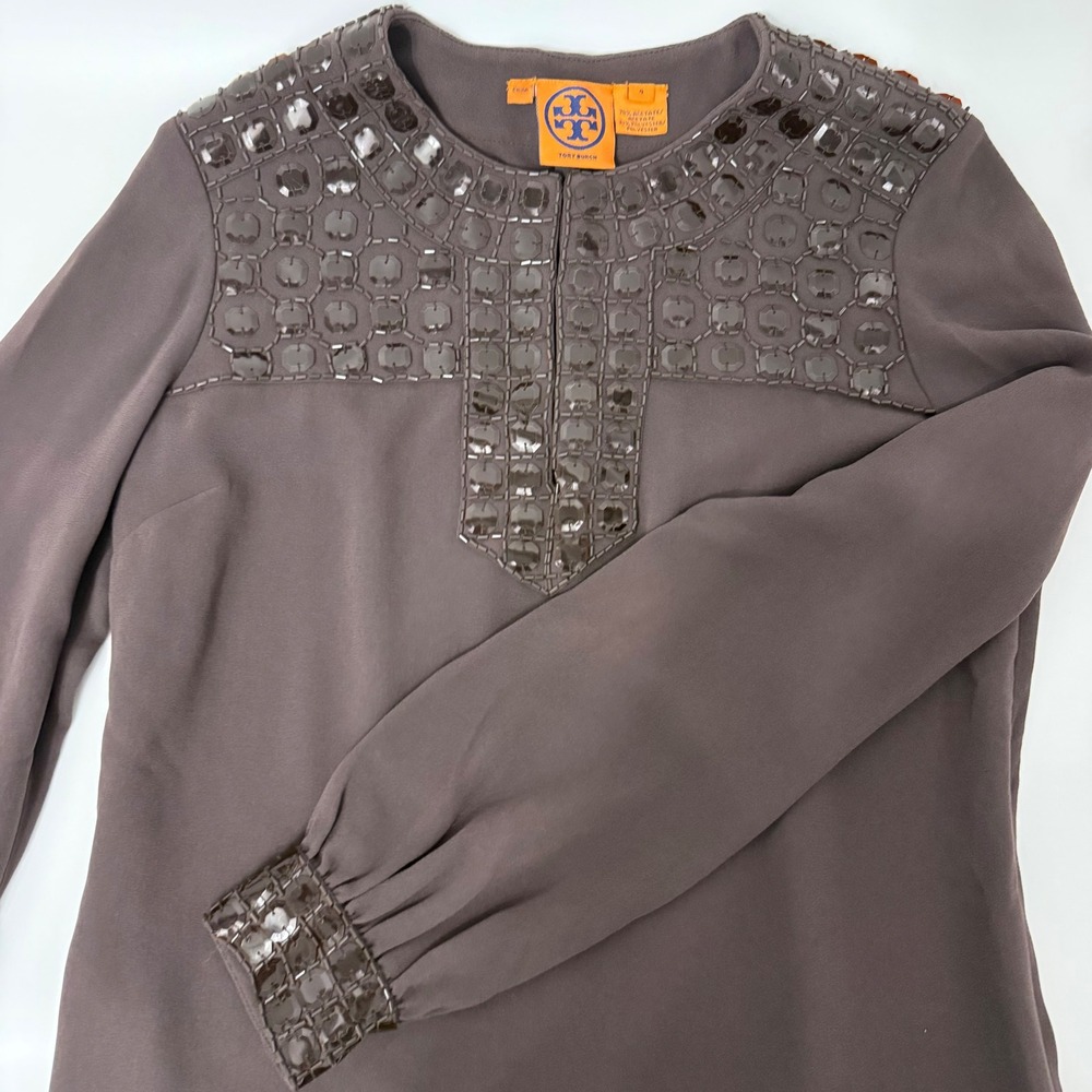 Tory Burch Brown Beaded Embellished Split Neck Blouse Size 4 Long Sleeve Top